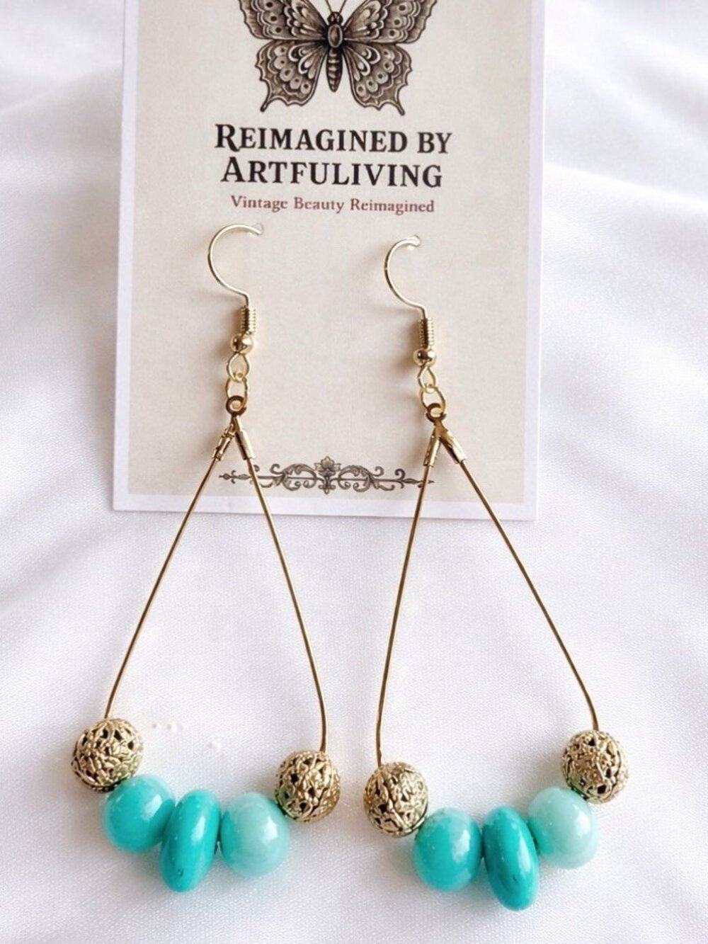 REIMAGINED Variscite Teardrop Dangle Earrings 3” Gold Tone Filigree Boho